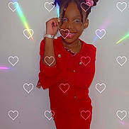 Nalani is registered to the contest to win money with this photo: child, girl, red_dress, smiling, glasses, bracelet, hair_buns, pink_hair_accessory, pose, white_background, hearts, light_effects, portrait, standing, indoors, happy, fashion, accessories, cute, colorful