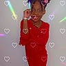 child, girl, red_dress, smiling, glasses, bracelet, hair_buns, pink_hair_accessory, pose, white_background, hearts, light_effects, portrait, standing, indoors, happy, fashion, accessories, cute, colorful