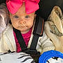 baby, baby_girl, blanket, car_seat, child, closeup, clothing, comfort, cute, face, headwear, indoor, infant, looking_at_camera, pink_bow, portrait, safety_harness, seat, toy, warm