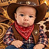 baby, child, cowboy, cowboy_hat, bandana, plaid_shirt, leather_vest, star_badge, boots, portrait, sitting, serious_expression, blue_eyes, rustic, western, hay, rope, lantern, cowhide, wooden_sign