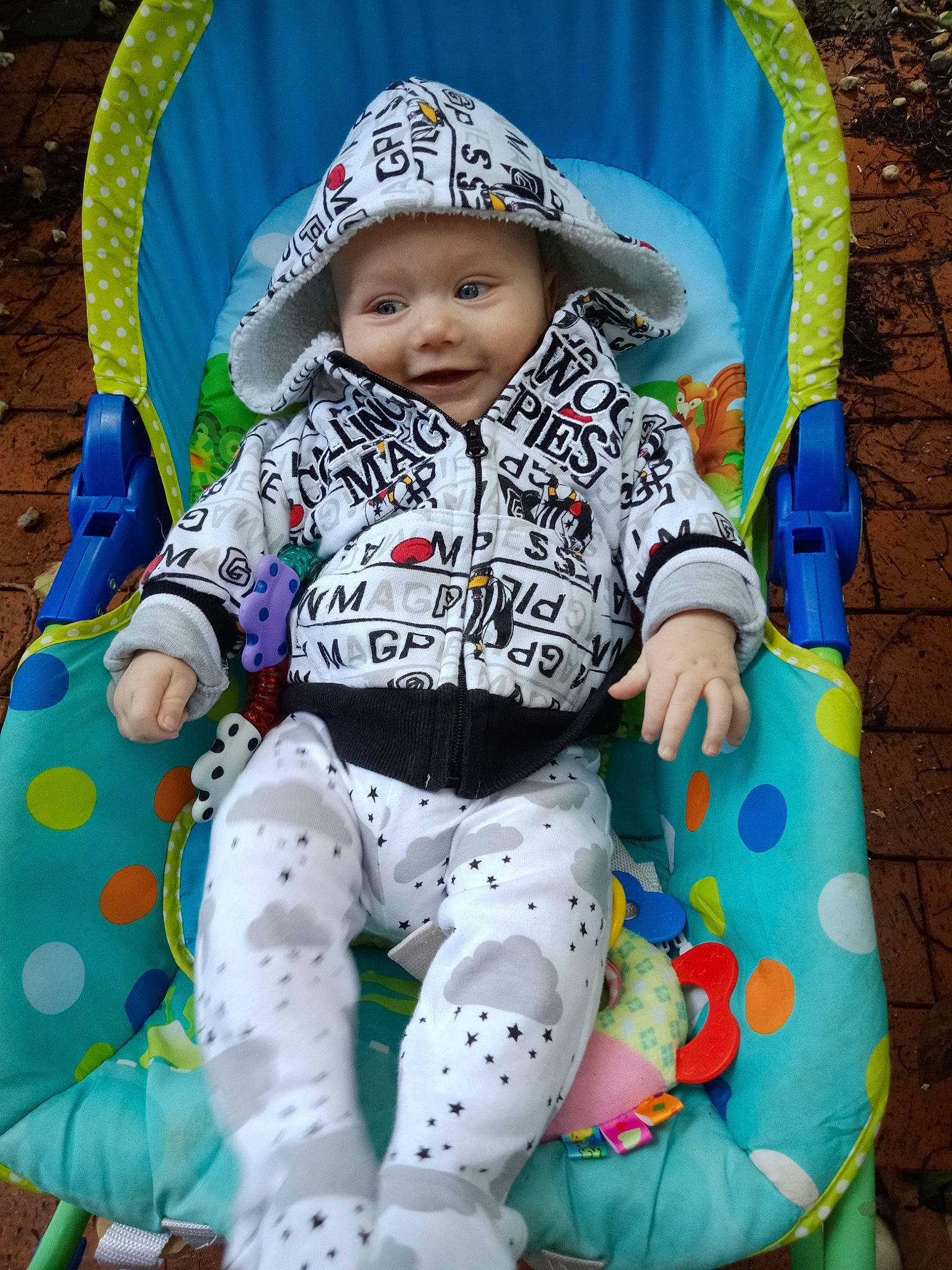 Jakobi is registered to the contest to win money with this photo: baby, cheek, child, headwear, outerwear, person, play, product, smile, toddler