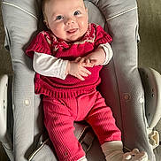 Olivia participe au concours pour gagner de l'argent avec cette photo : baby, baby_seat, booties, bouncer, child, clothing, cute, eyes, face, floor, hands, happy, indoor, infant, pink_pants, portrait, red_sweater, seat_cushion, smiling, white_shirt