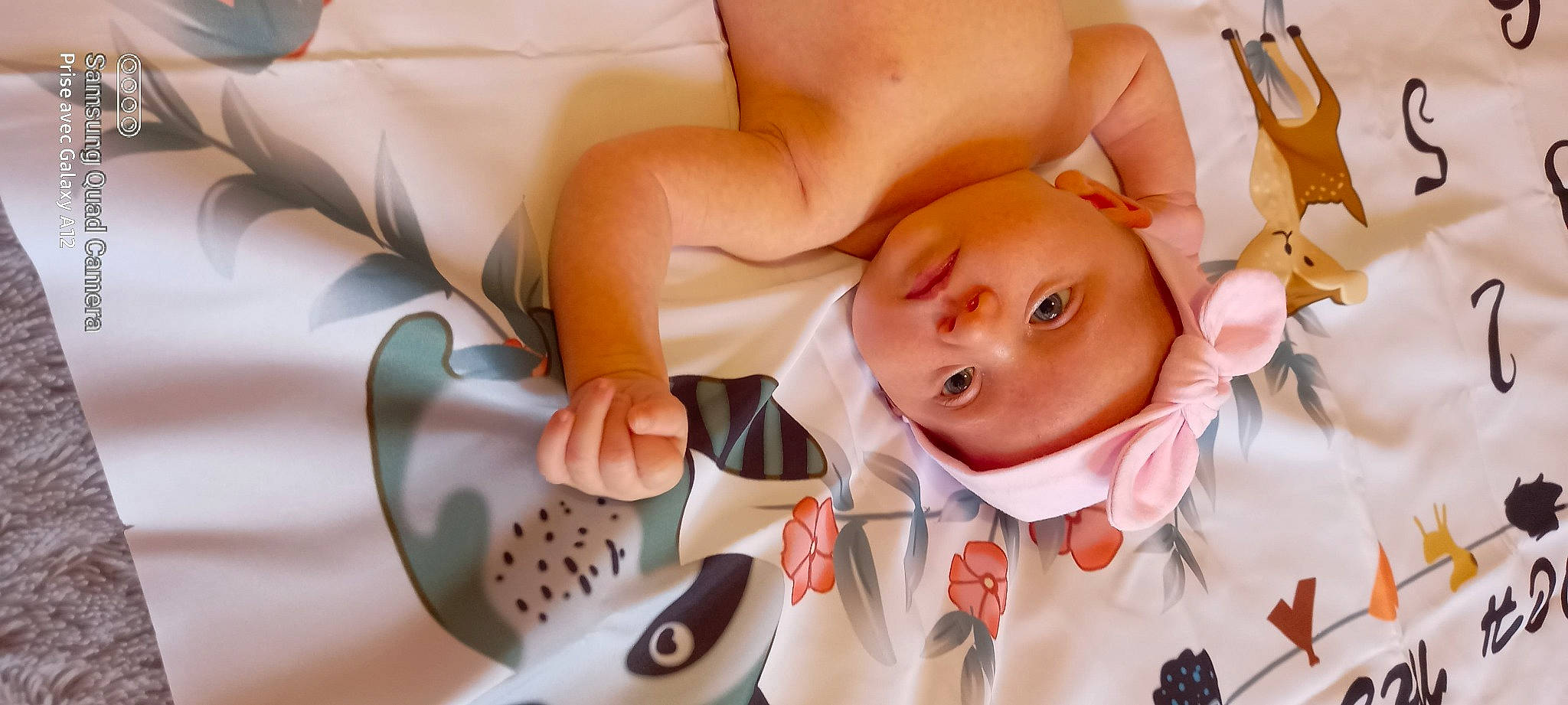 Alexia participe au concours pour gagner de l'argent avec cette photo : baby, baby_toddler_clothing, cheek, chest, child, close_up, comfort, eyelash, facial_expression, finger, happy, headwear, linens, mouth, nail, person, petal, skin, stomach, textile