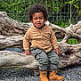 Amadou a rejoint le concours — aidez-le/la à gagner de superbes lots ! toddler, child, curly_hair, brown_shirt, green_pants, brown_boots, sitting, wooden_log, bench, gravel, outdoor, fence, nature, tree, smiling, happy, casual_clothing, daylight, portrait, cute