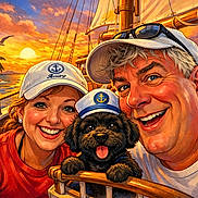 Sailor is registered to the contest to win money with this photo: people, man, woman, dog, sailboat, boat, sunset, ocean, sea, island, palm_trees, smiling, portrait, pet, captain_hat, sunglasses, vacation, deck, waves, seagull