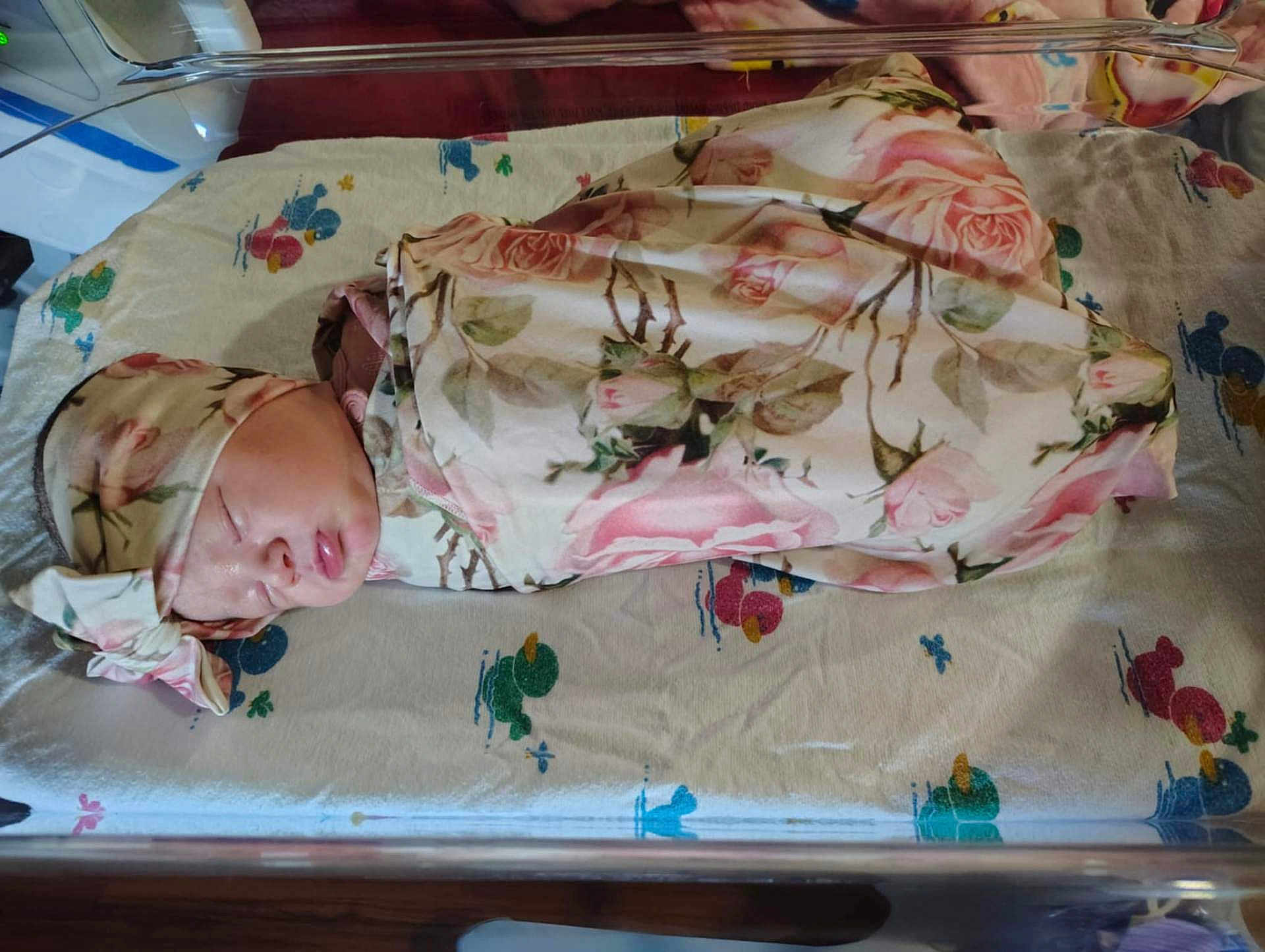 Maggie is registered to the contest to win money with this photo: newborn, baby, sleeping, blanket, hat, floral_pattern, hospital_bassinet, towel, resting, infant, cute, child, wrapped, bed, soft, peaceful, face, skin, headwear, indoor
