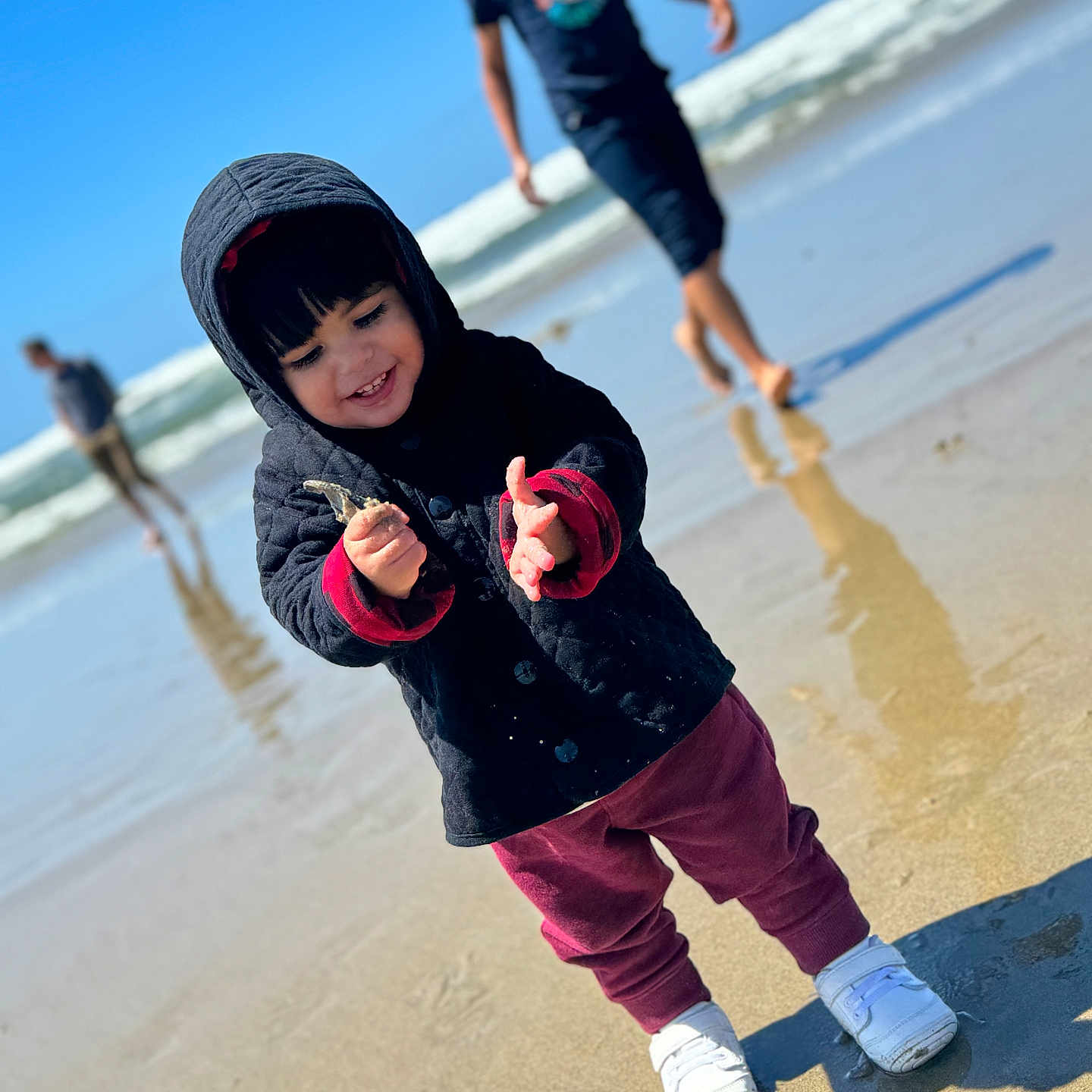 Billie is registered to the contest to win money with this photo: beach, casual_clothing, child, daytime, fun, hooded_jacket, maroon_pants, nature, ocean, outdoor, people, playing, reflection, sand, smiling, sunny, toddler, water, waves, white_shoes
