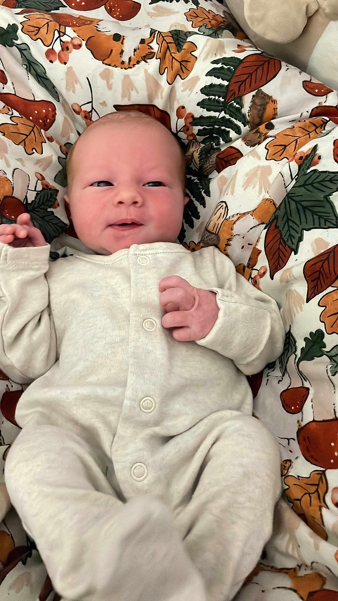 Markus joined the competition — help win amazing prizes! baby, infant, pajamas, blanket, autumn, leaves, pattern, cozy, soft, lying_down, cute, child, face, skin, hand, fingers, expression, indoors, warm_colors, comfort