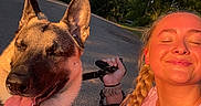 Thor joined the competition — help win amazing prizes! braid, canine, casual_clothing, dog, exercise, friendship, german_shepherd, happy, leash, nature, outdoor, pet, portrait, recreation, road, smiling, sunlight, sunset, trees, woman
