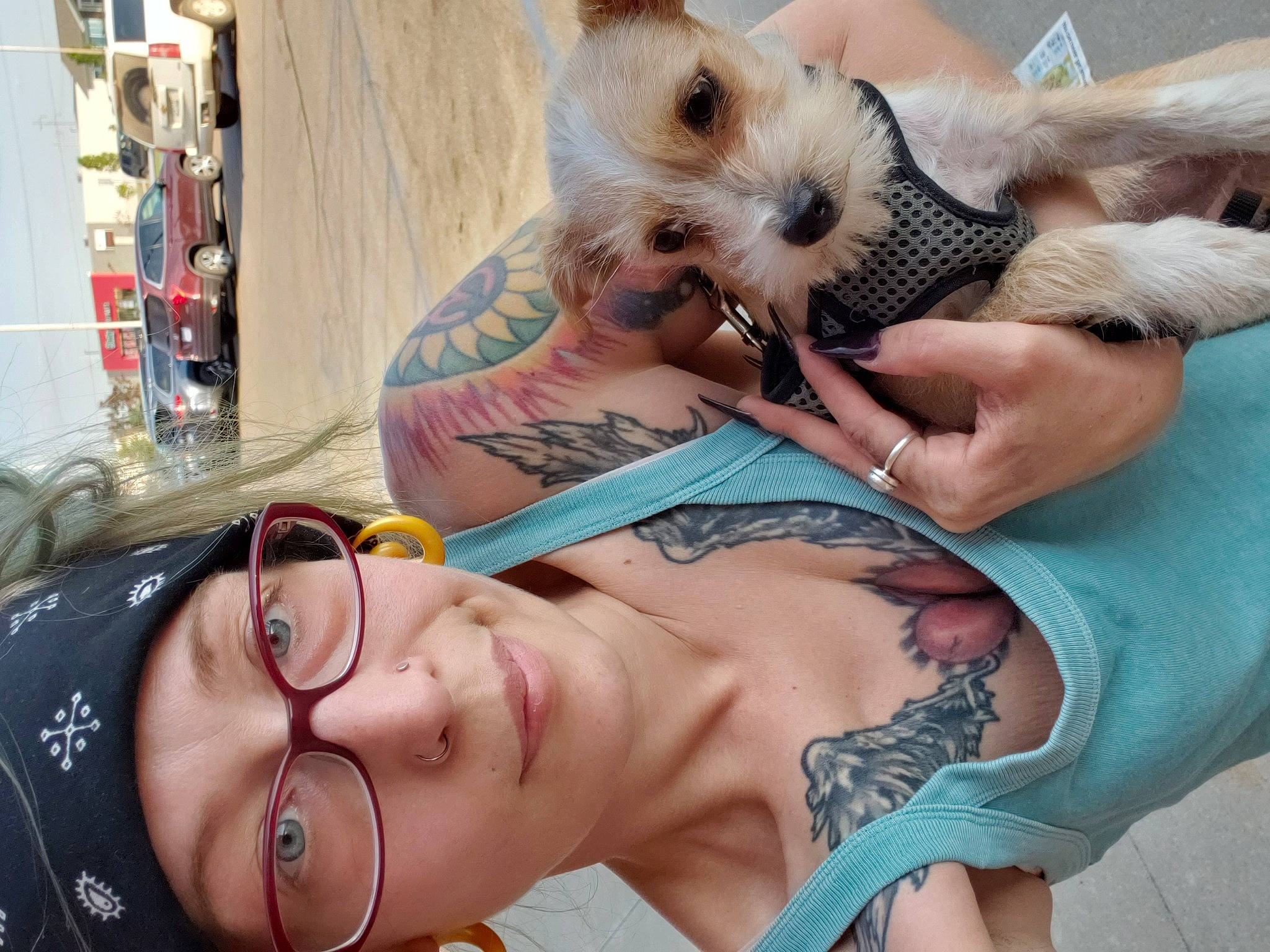 Bruno is registered to the contest to win money with this photo: canidae, chest, cool, ear, hand, head, human, love, mouth, photography, puppy, puppy_love, selfie, tattoo