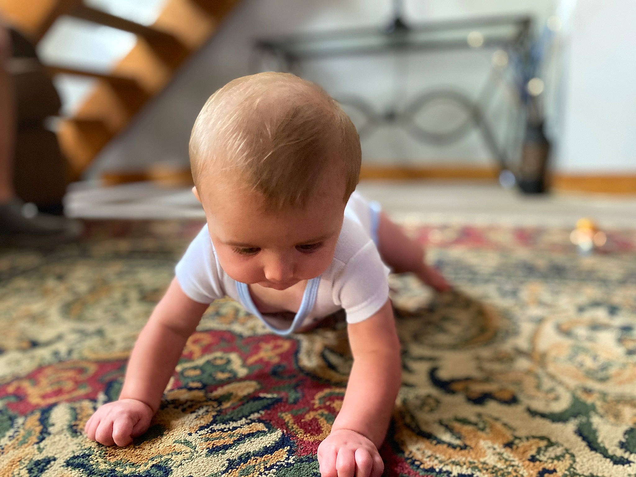 Colter is registered to the contest to win money with this photo: baby, baby_toddler_clothing, carpet, child, comfort, crawling, floor, flooring, fun, grass, happy, hardwood, mat, pattern, person, room, sitting, t_shirt, toddler, wood