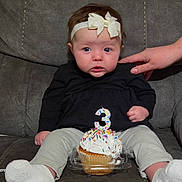 Nora joined the competition — help win amazing prizes! baby, child, birthday, cupcake, cake, number_three, bow_headband, black_outfit, gray_pants, white_socks, sitting, couch, portrait, indoor, face, blue_eyes, wide_eyed, hand, frosting, sprinkles