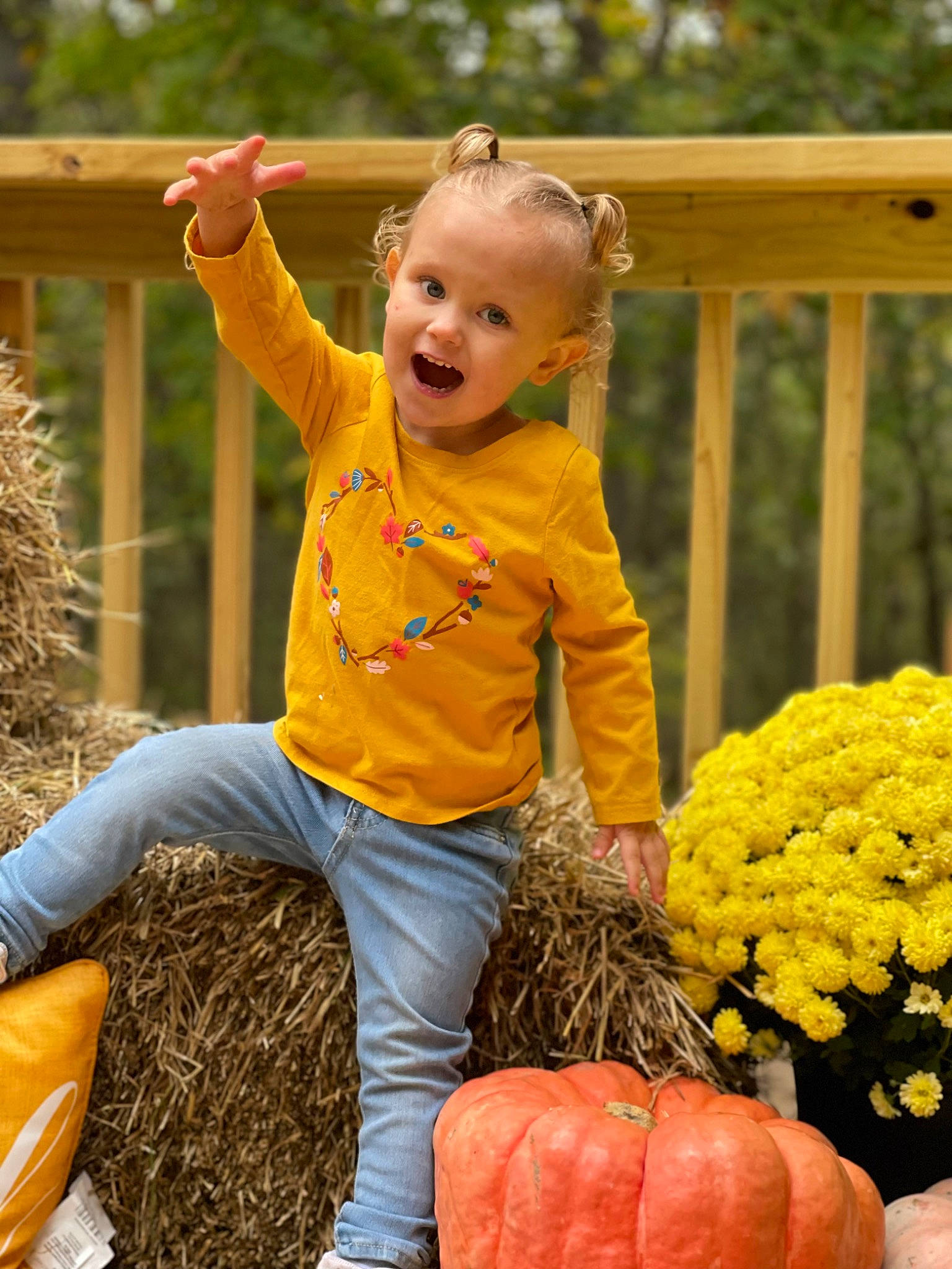 Lainey is registered to the contest to win money with this photo: baby_toddler_clothing, calabaza, flower, fun, gourd, grass, happy, leisure, natural_foods, orange, people_in_nature, person, photograph, plant, pumpkin, smile, t_shirt, toddler, tree, winter_squash