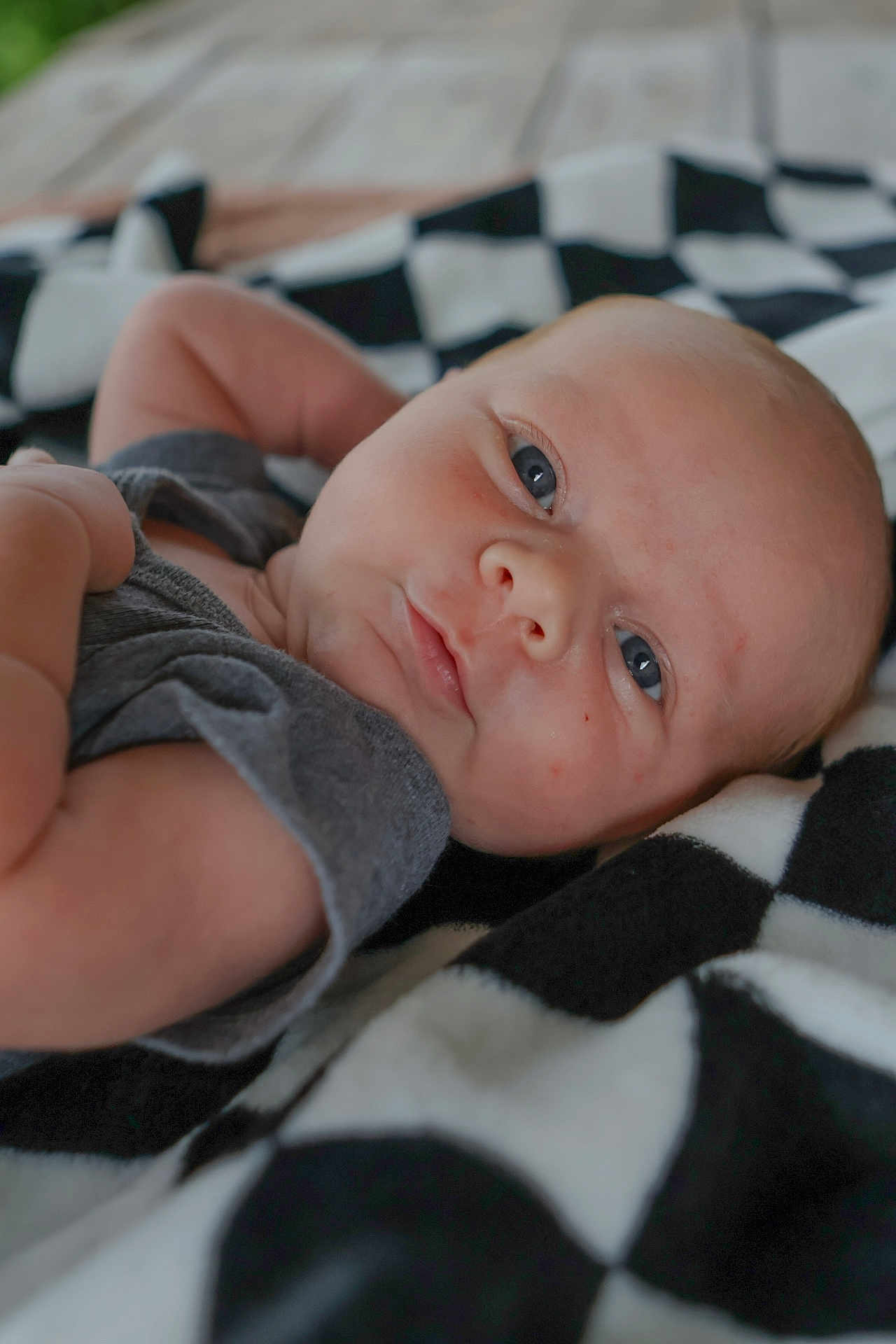 Lynnwood is registered to the contest to win money with this photo: baby, infant, face, blue_eyes, blanket, checkered, soft_light, close_up, skin, newborn, cute, lying_down, child, portrait, clothing, gray_shirt, expression, young, indoors, resting