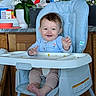 baby, high_chair, smiling, child, indoor, kitchen, plant, food, tableware, furniture, person, happy, face, clothing, seat, foot, hand, wood, cabinet, countertop