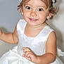 toddler, child, smiling, white_dress, bow, headband, pearl, earrings, portrait, happy, cute, baby, celebration, fashion, dress, girl, closeup, indoor, person, accessory