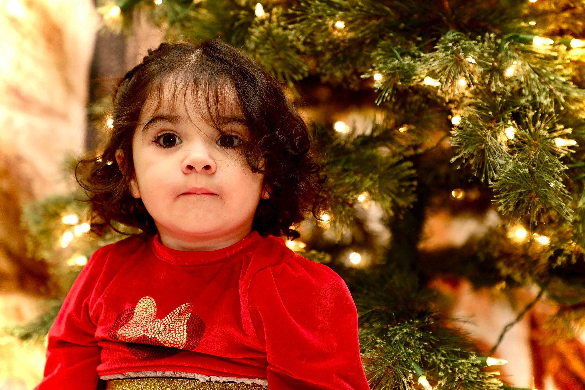 Solana joined the competition — help win amazing prizes! cheek, christmas_decoration, christmas_ornament, christmas_tree, event, evergreen, eye, face, facial_expression, happy, head, holiday_ornament, iris, light, ornament, people_in_nature, person, shortstraw_pine, toddler, tree