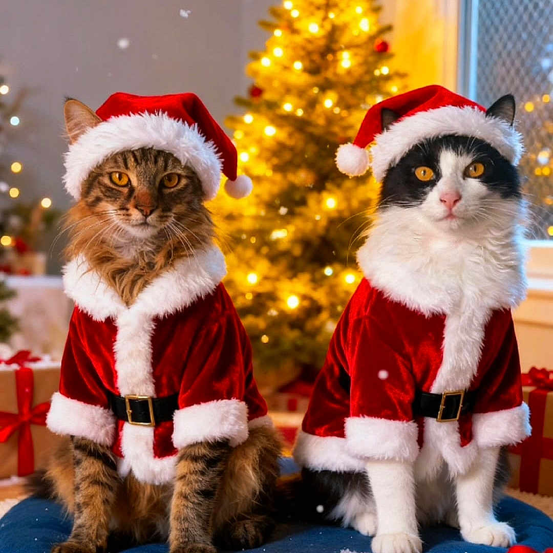 Kyo Et Nelson a rejoint le concours — aidez-le/la à gagner de superbes lots ! cat, cats, christmas, christmas_tree, costume, cute, decorations, festive, gift_wrapping, holiday, holiday_season, indoor, lights, pets, presents, red_coat, red_hat, santa_claus_costume, white_fur_trim, winter