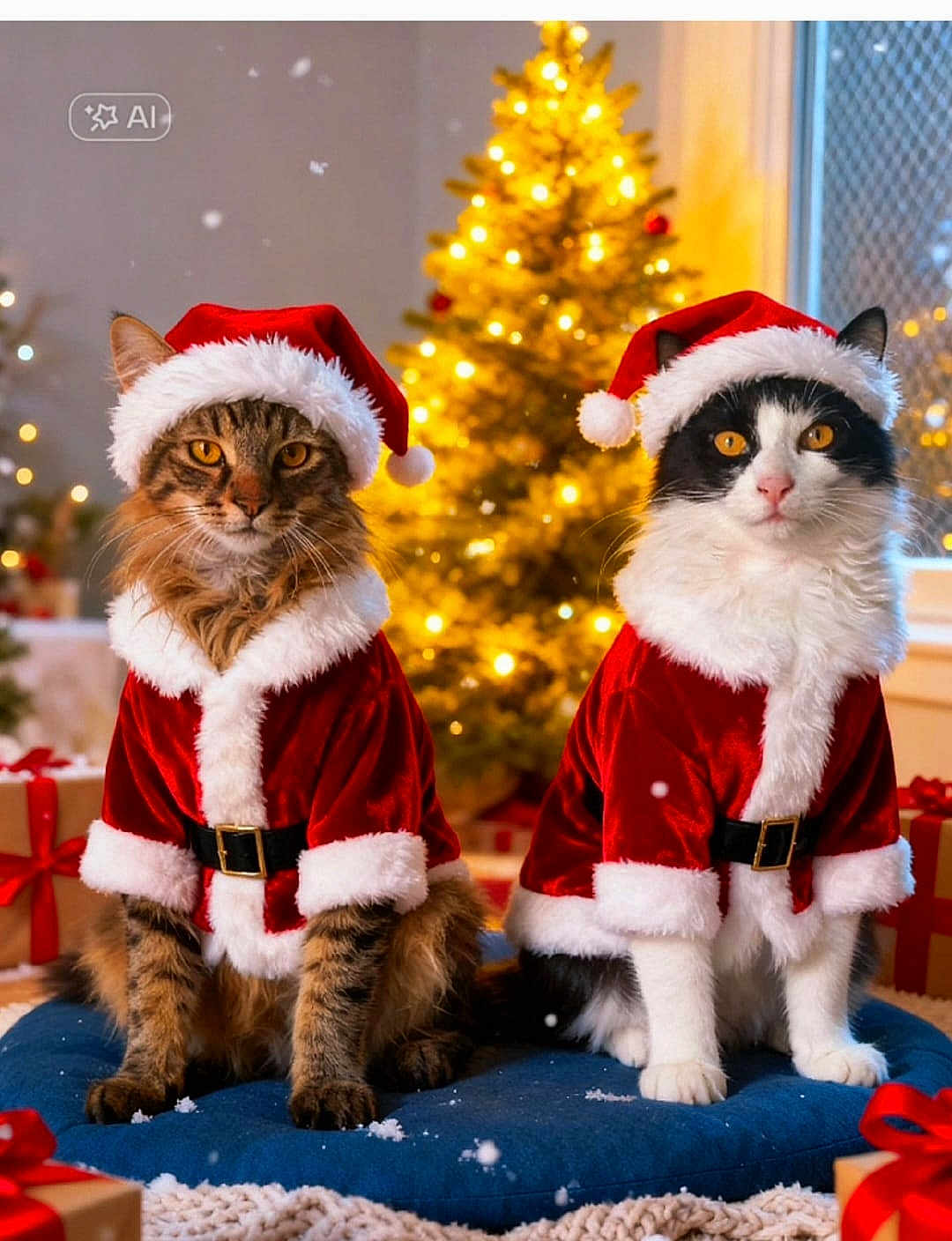 Kyo Et Nelson a rejoint le concours — aidez-le/la à gagner de superbes lots ! cat, cats, christmas, holiday, festive, santa_claus_costume, red_hat, red_coat, white_fur_trim, christmas_tree, lights, decorations, presents, gift_wrapping, indoor, pets, cute, costume, holiday_season, winter