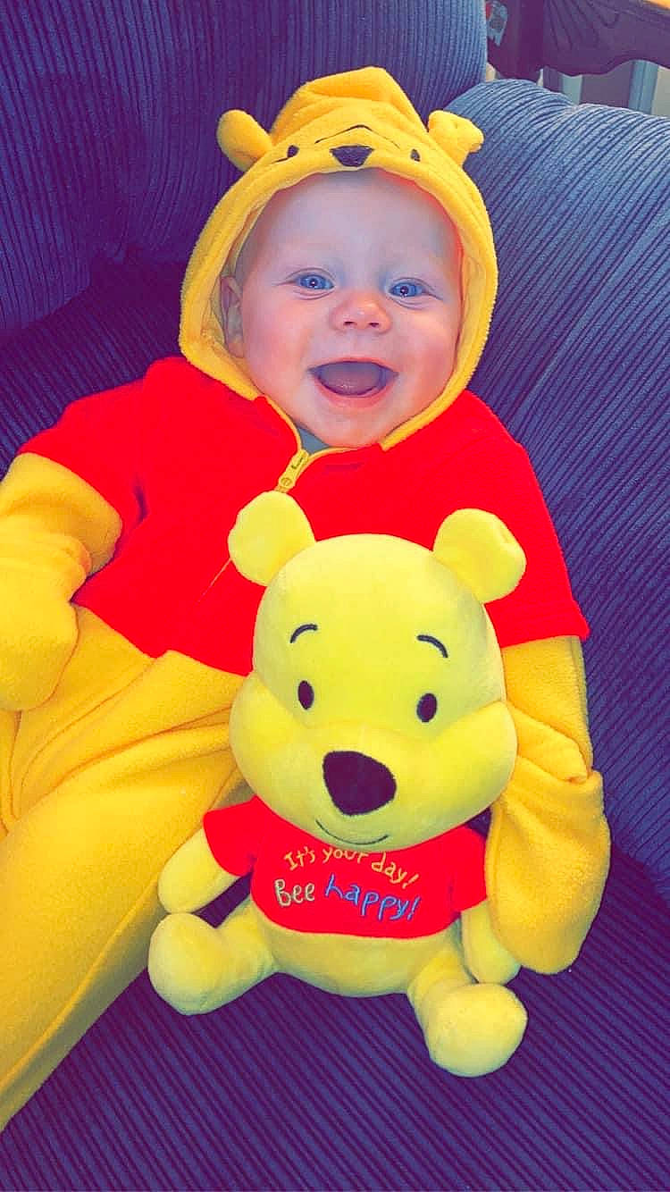 Kyson joined the competition — help win amazing prizes! baby, baby_toddler_clothing, blue, cheek, facial_expression, finger, happy, head, headwear, mammal, nose, orange, organ, person, pink, red, sleeve, smile, textile, toy