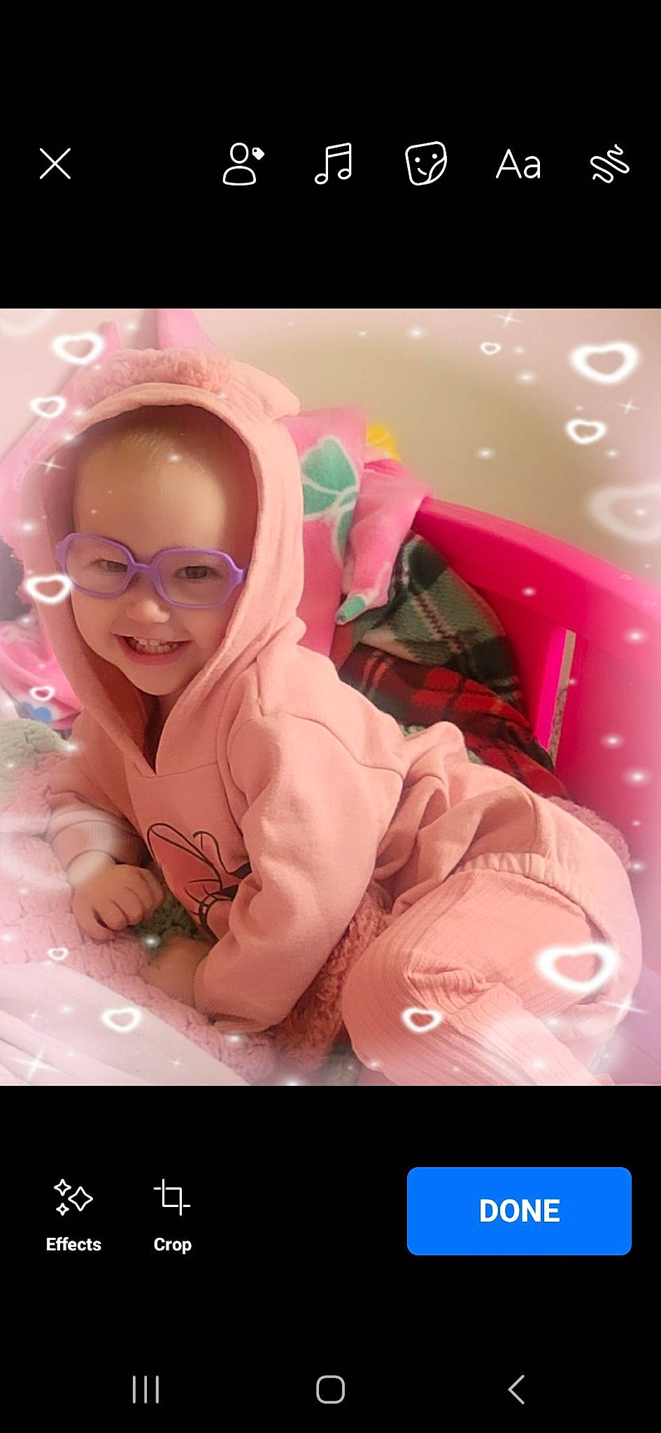 Mckenna Rose is registered to the contest to win money with this photo: baby, child, comfort, fashion_accessory, flash_photography, font, fun, glasses, happy, joy, laugh, magenta, mouth, peach, person, photo_caption, pink, portrait_photography, room, screenshot