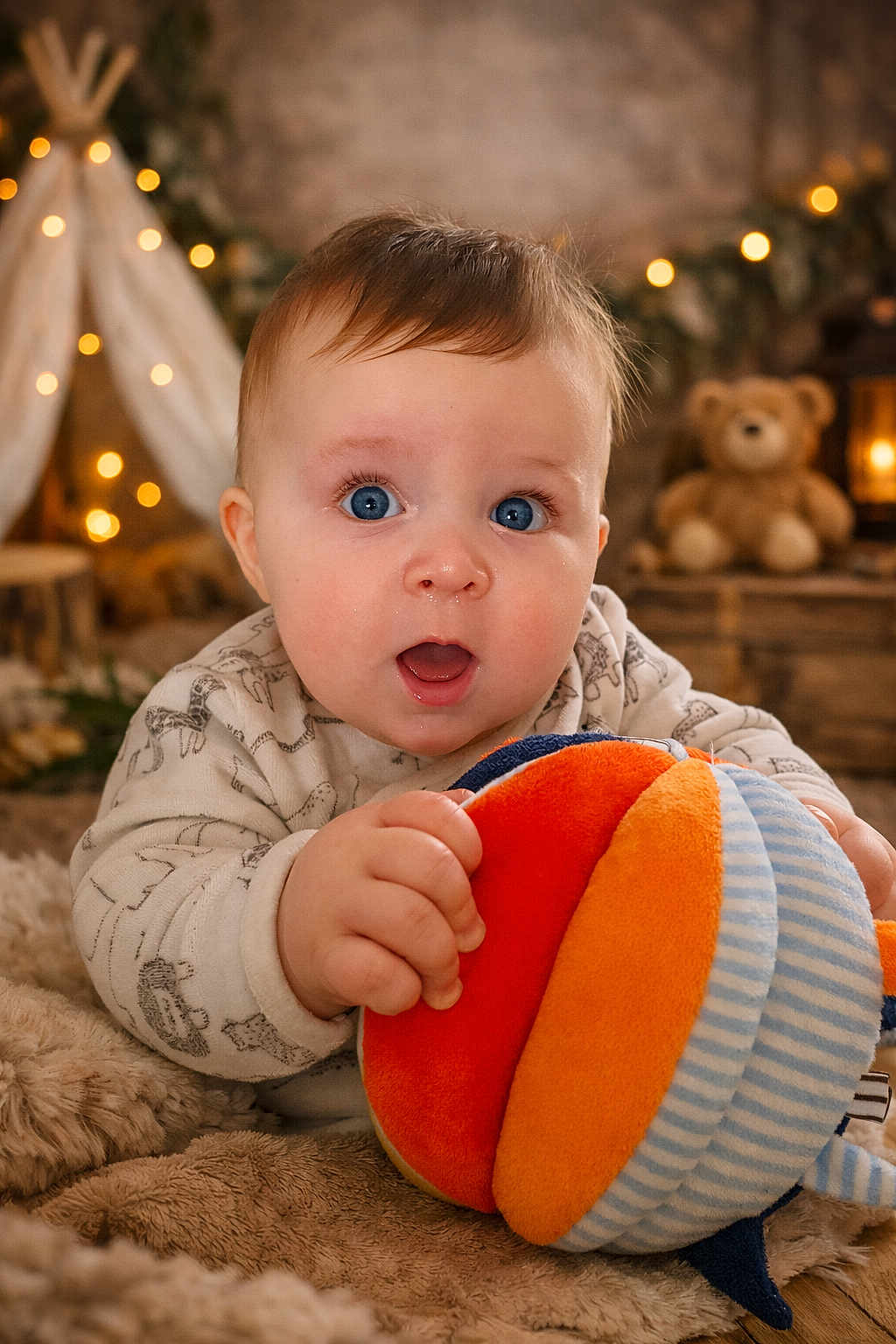 Eliott a rejoint le concours — aidez-le/la à gagner de superbes lots ! baby, infant, blue_eyes, surprised, plush_toy, stuffed_animal, teddy_bear, blanket, cozy, pajamas, indoor, warm_lighting, bokeh, portrait, close_up, hand, mouth_open, crawling_pose, toy_ball, nursery_decor