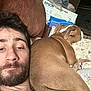 man, dog, brown_dog, beard, couch, indoor, relaxed, plush_toy, printer_box, brown_fur, white_markings, face, hair, mustache, furniture, resting, casual, close_up, living_room, pet