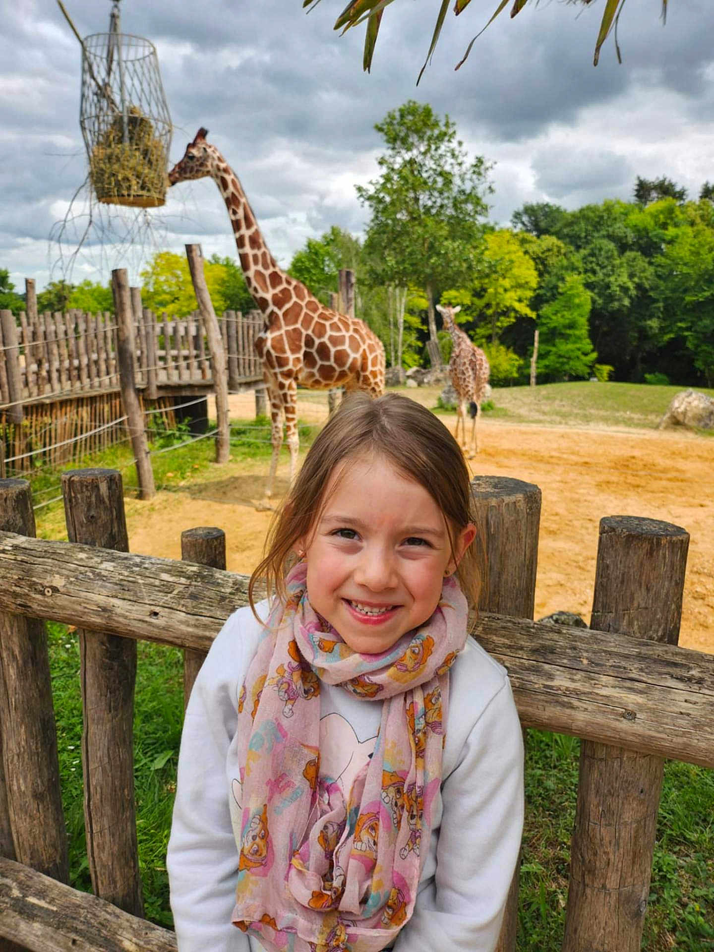 Liana participe au concours pour gagner de l'argent avec cette photo : child, girl, scarf, smile, fence, giraffe, animal, zoo, outdoor, grass, tree, cloudy_sky, wood, nature, portrait, happy, daylight, casual_clothing, young, cute