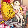 Oakley joined the competition — help win amazing prizes! affection, animation_style, bed, blanket, brush, casual_clothing, cozy, digital_art, dog, furniture, illustration, indoor, person, puppy, red_hair, room, seated, slipper, warm_colors, yellow_hoodie