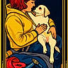 Oakley joined the competition — help win amazing prizes! illustration, woman, puppy, dog, yellow_hoodie, red_hair, tools, hammer, red_object, art_deco, golden_frame, love, affection, sitting, portrait, dark_background, framed, holding, cute, pet