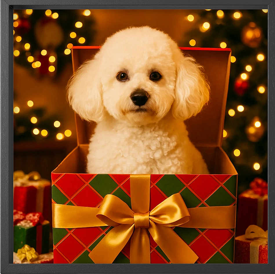 Weelo joined the competition — help win amazing prizes! adorable, animal, background, bokeh, box, celebration, christmas_lights, christmas_tree, cute, decorations, dog, festive, fluffy, gift_box, gold_ribbon, holiday, indoor, pet, present, white_dog