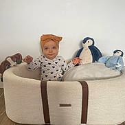 Robbie participe au concours pour gagner de l'argent avec cette photo : baby, child, headband, heart_pattern, plush_toys, penguin_toys, stuffed_dog, basket, floor, white_wall, indoors, smiling, cute, cozy, soft_texture, wooden_floor, sitting, person, infant, comfortable