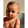 baby, child, bathtub, wet, skin, face, eyes, curious, portrait, indoor, light, shadow, head, shoulders, water, young, cute, expression, bath, person