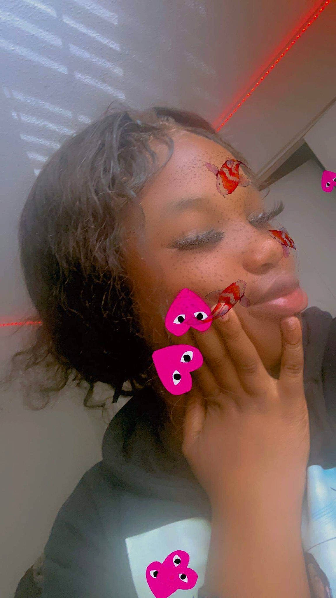 Janiyah Holton is registered to the contest to win money with this photo: cheek, chin, cosmetics, ear, earrings, eyebrow, eyelash, eyewear, finger, forehead, gesture, hand, jaw, lip, mouth, neck, nose, person, pink, skin