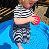 Athena is registered to the contest to win money with this photo: barefoot, blue, child, curly_hair, fun, outdoor, pink_cup, play, pool, ripples, shadow, standing, striped_dress, summer, sunlight, sunny, toddler, water, wooden_deck, young_child