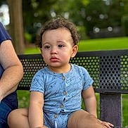 Alan joined the competition — help win amazing prizes! bench, blue_clothing, casual_wear, child, curly_hair, cute, daylight, expression, face, greenery, nature, outdoor, park, person, red_socks, serious, sitting, skin, toddler, young_child