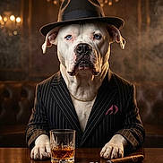 Ace Bailey joined the competition — help win amazing prizes! animal, bar, chandelier, cigar, costume, dog, fedora, glass, gold_chain, indoor, luxury, pet, pinstripe_suit, portrait, serious, smoking_accessory, table, vintage_style, whiskey, white_dog