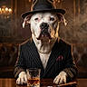 animal, bar, chandelier, cigar, costume, dog, fedora, glass, gold_chain, indoor, luxury, pet, pinstripe_suit, portrait, serious, smoking_accessory, table, vintage_style, whiskey, white_dog