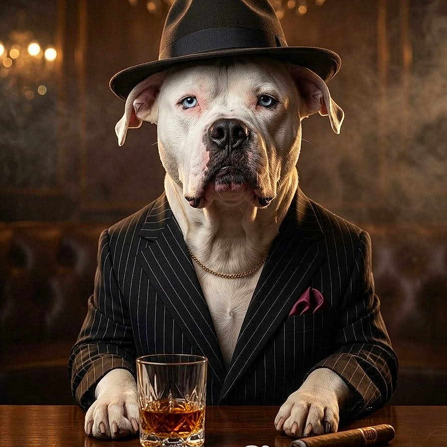 Ace Bailey joined the competition — help win amazing prizes! animal, bar, chandelier, cigar, costume, dog, fedora, glass, gold_chain, indoor, luxury, pet, pinstripe_suit, portrait, serious, smoking_accessory, table, vintage_style, whiskey, white_dog