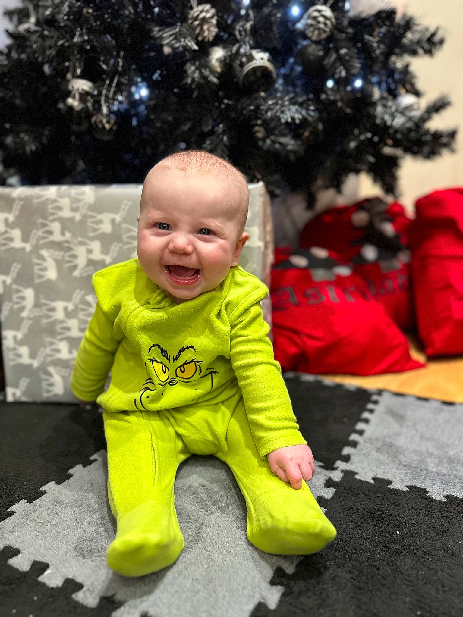 Astrid is registered to the contest to win money with this photo: baby, baby_toddler_clothing, carmine, child, christmas_decoration, christmas_tree, conifer, event, flooring, fun, grass, happy, head, holiday, people_in_nature, person, sitting, sleeve, smile, toddler