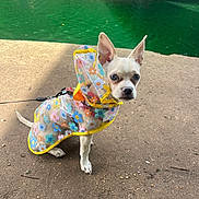 Lola is registered to the contest to win money with this photo: dog, small_dog, raincoat, transparent_raincoat, colorful, flower_pattern, leash, outdoor, dirt_path, water, green_water, ears, pet, animal, cute, curious, standing, daylight, nature, canine