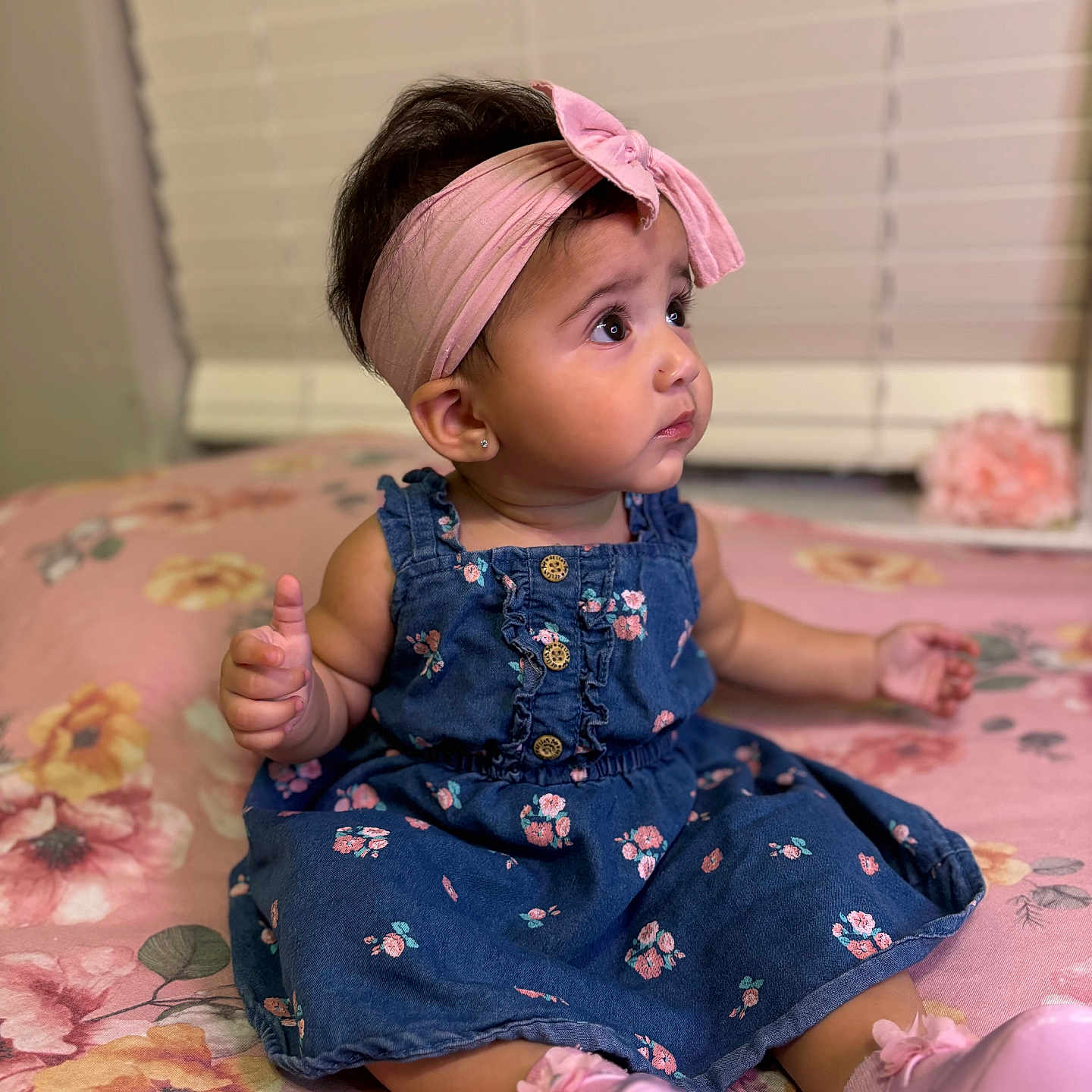 Aubrie joined the competition — help win amazing prizes! accessories, baby, bodypart, clothing, couch, dress, face, finger, formalwear, furniture, hand, happy, hardwood, head, headband, person, photography, portrait, sitting, smile