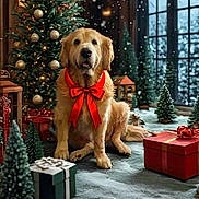 Beau is registered to the contest to win money with this photo: animal, canine, christmas, christmasdecorations, christmastree, clothing, conifer, costume, dog, festival, fir, gift, goldenretriever, hound, person, pet, plant, pottedplant, puppy, tree
