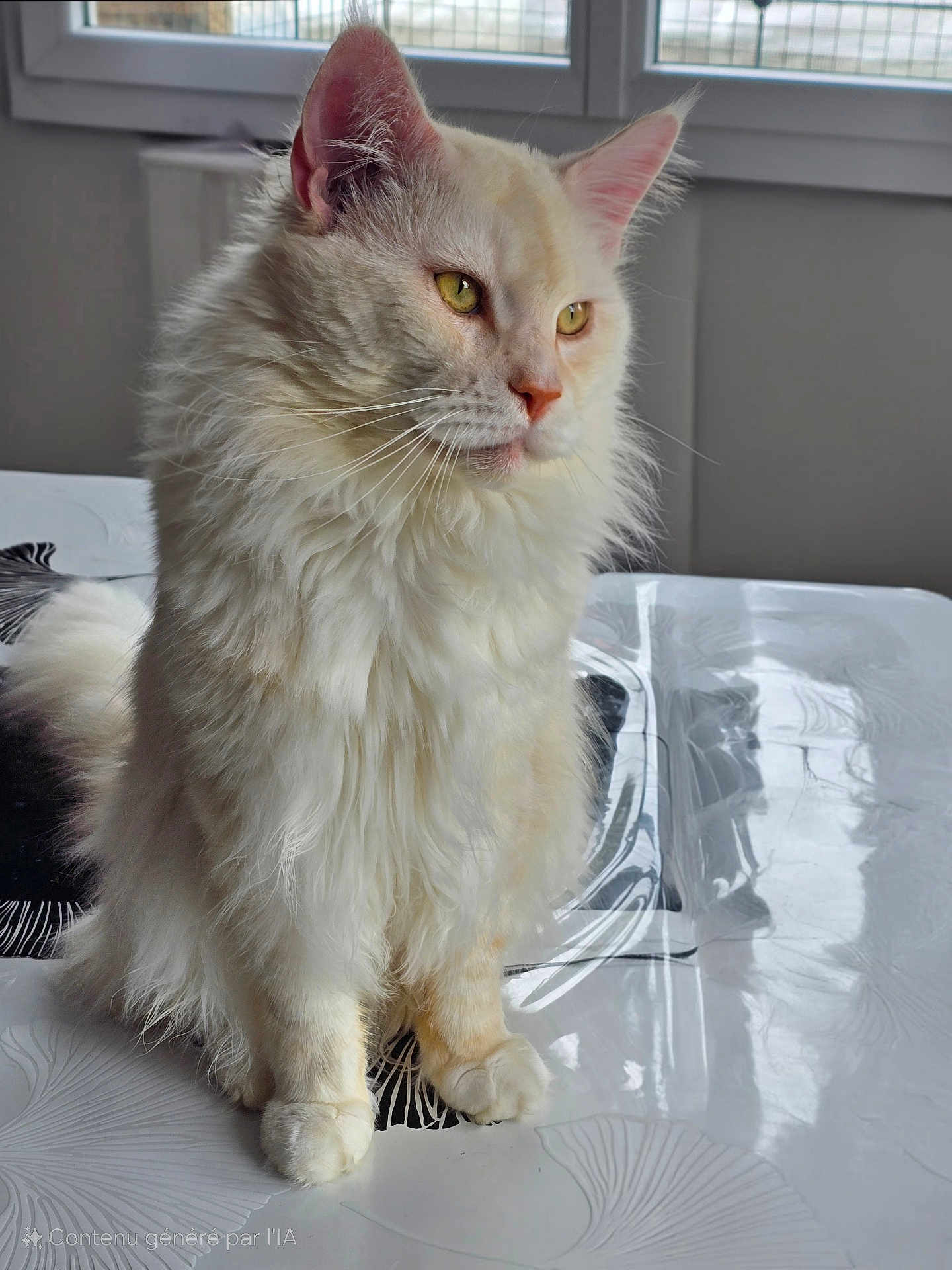 Tyrion participe au concours pour gagner de l'argent avec cette photo : cat, fluffy, cream_colored, sitting, table, window, indoor, pet, feline, fur, natural_light, thoughtful, close_up, whiskers, ears, yellow_eyes, reflection, quiet, calm, domestic