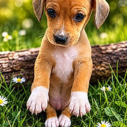 Stella participe au concours pour gagner de l'argent avec cette photo : puppy, dog, animal, portrait, outdoor, grass, meadow, daisies, flowers, nature, sunlight, bokeh, brown_fur, white_paws, floppy_ears, sitting, close_up, cute, young_animal, greenery