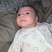 Noah participe au concours pour gagner de l'argent avec cette photo : baby, infant, onesie, bear_pattern, blanket, soft_texture, face, eyes, portrait, child, bed, comfort, cute, sleepwear, indoor, young, skin, head, expression, clothing