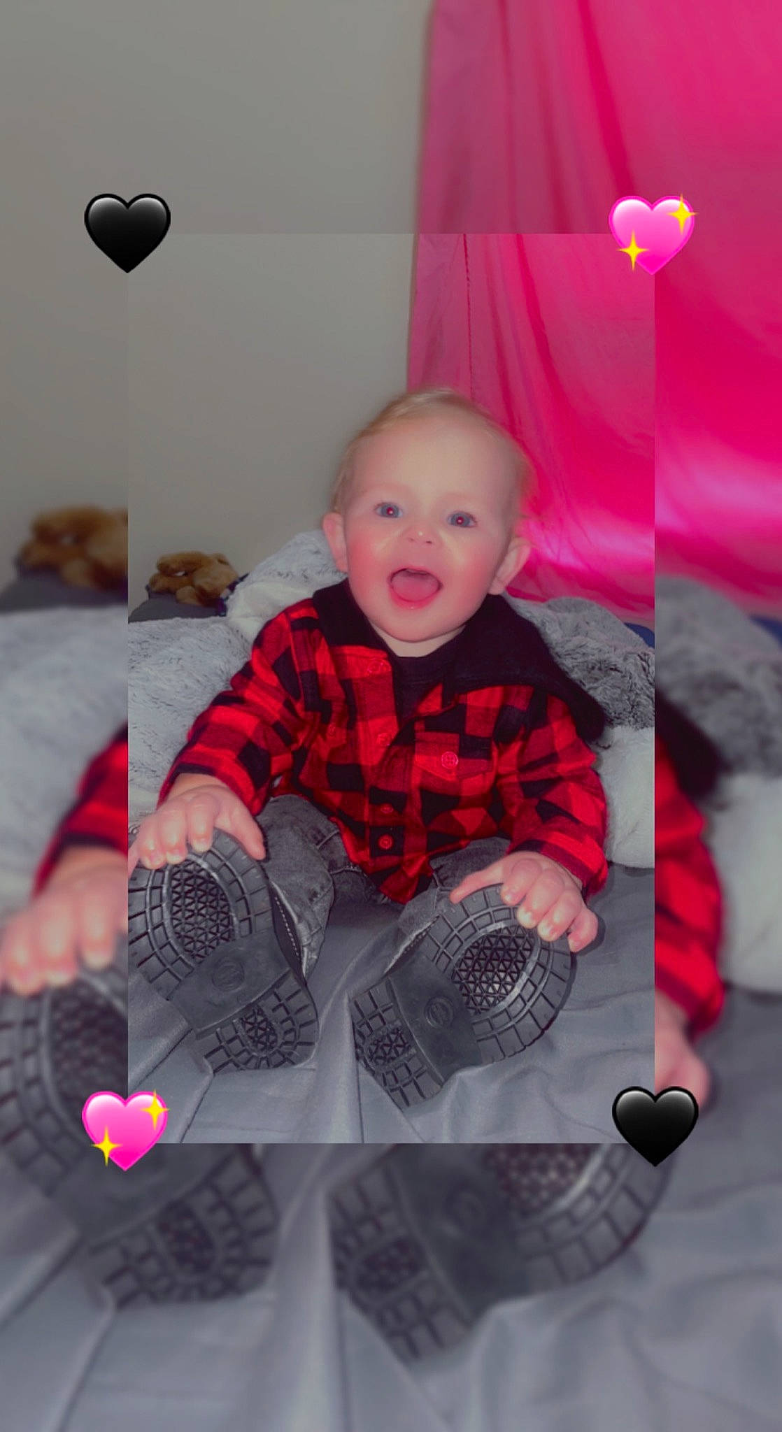 Lennox joined the competition — help win amazing prizes! baby, baby_toddler_clothing, child, facial_expression, fun, hairstyle, happy, lighting, magenta, pattern, person, pink, room, sitting, skin, sleeve, smile, textile, toddler, white