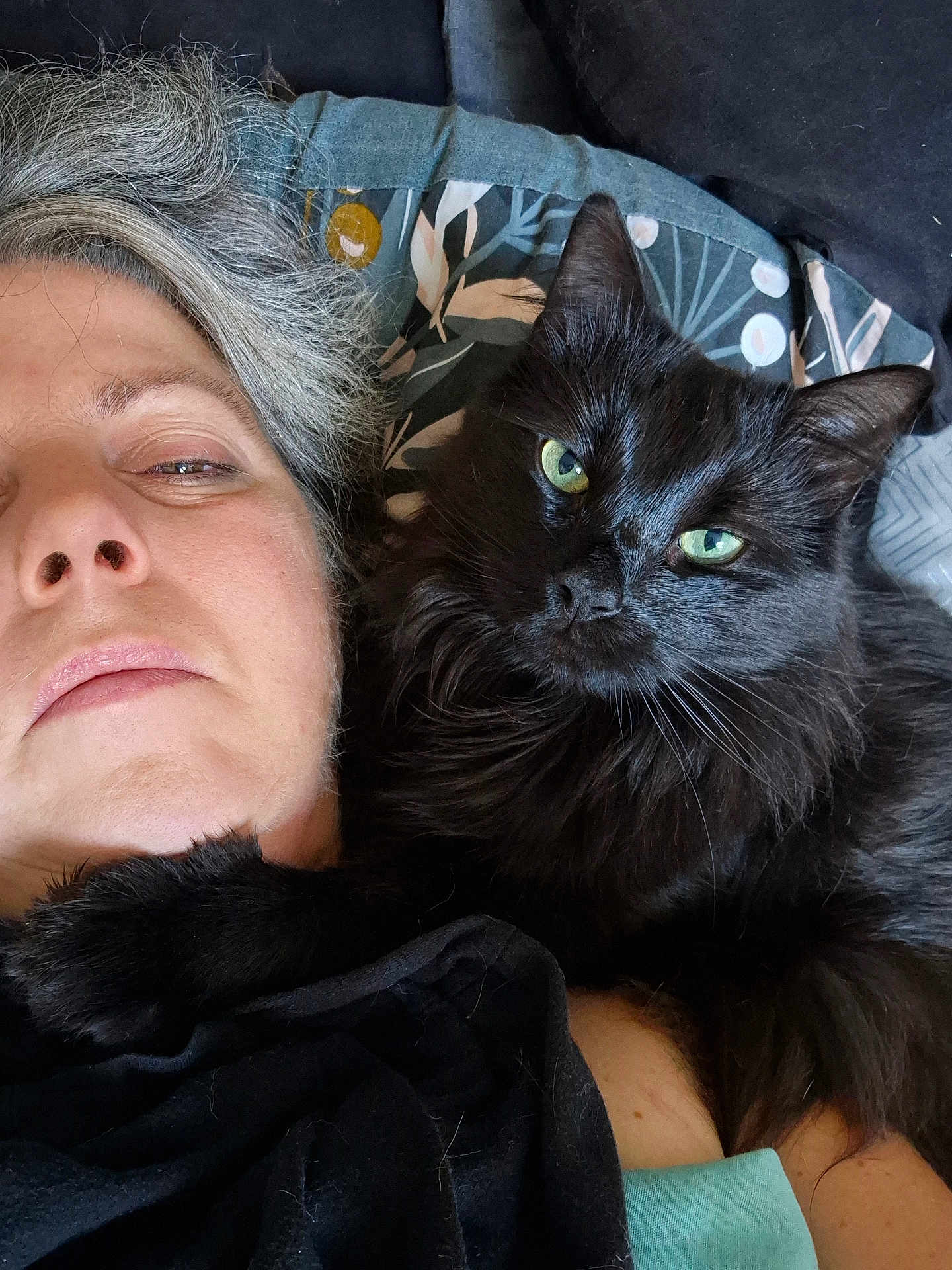 Natzu participe au concours pour gagner de l'argent avec cette photo : person, cat, black_cat, green_eyes, close_up, portrait, indoor, resting, lying_down, human_face, animal, pet, feline, fur, whiskers, cozy, relaxed, bed, pillow, blanket