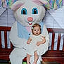 Clara joined the competition — help win amazing prizes! toddler, child, easter_bunny, mascot, costume, bench, dress, pink_sandals, hair_clips, indoor, decoration, pastel_colors, festive, celebration, cute, smiling, holiday, spring, plush, person