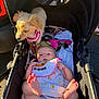 Skyler joined the competition — help win amazing prizes! baby, dog, stroller, bib, pet, infant, foot, sunlight, animal, cute, pink_collar, clothing, outdoor, leash, headband, toy, blanket, fur, person, face